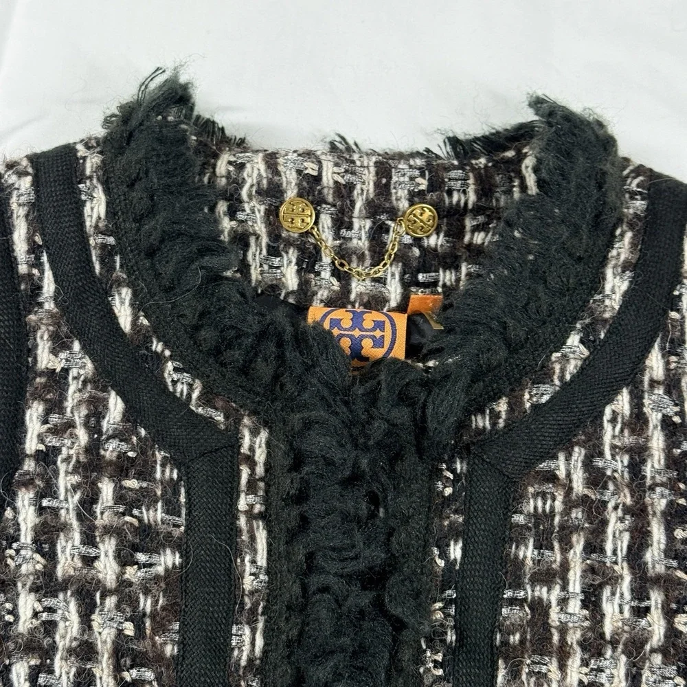 Tory Burch Tweed Fringe Jacket Size 8 Cropped Black Lined Boucle Wool‎ Blend